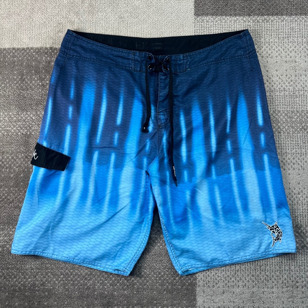 Pelagic Mens Blue Marlin Scale Print Board Shorts Swim Trunks Size 36